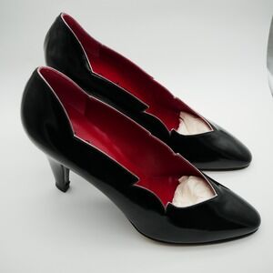 Yves Saint Laurent‎ Vintage Black Leather Scalloped Pumps Red Lining 38.5 Italy